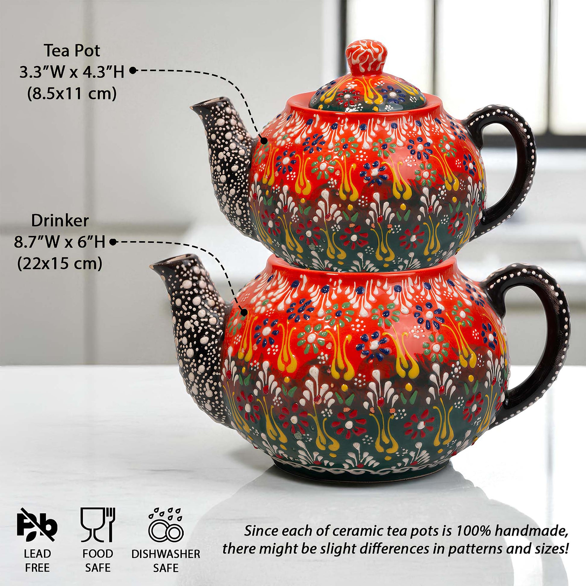 Decorative ceramic tea pot with measurements and safety information on a white background