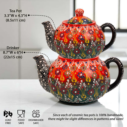 Decorative ceramic tea pot with measurements and safety information on a white background