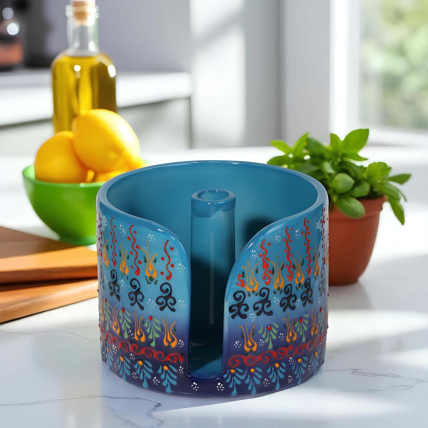 Blue paper towel holder with colorful designs on a kitchen counter.