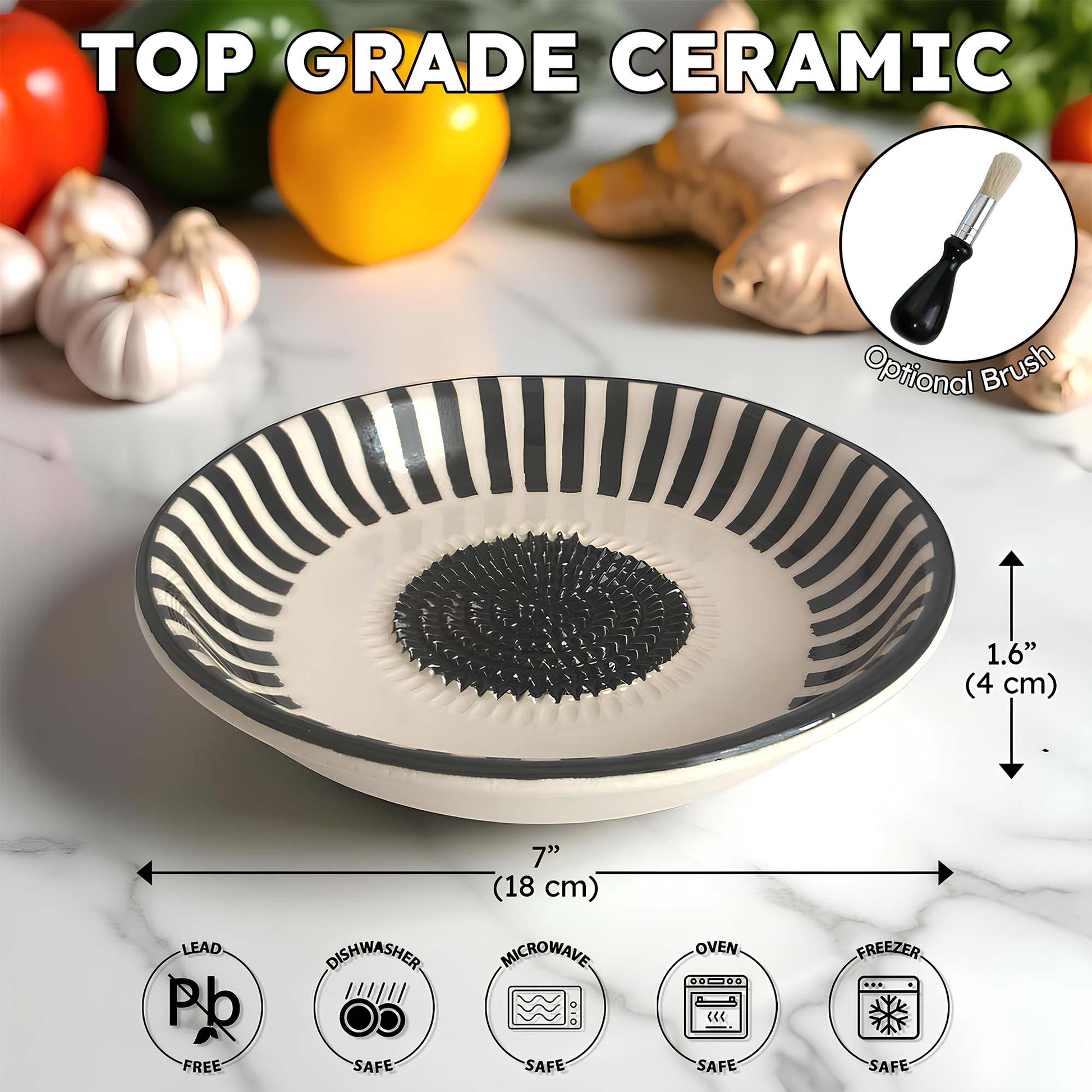Ceramic garlic grater bowl with black and white stripes on a marble surface with vegetables in the background.