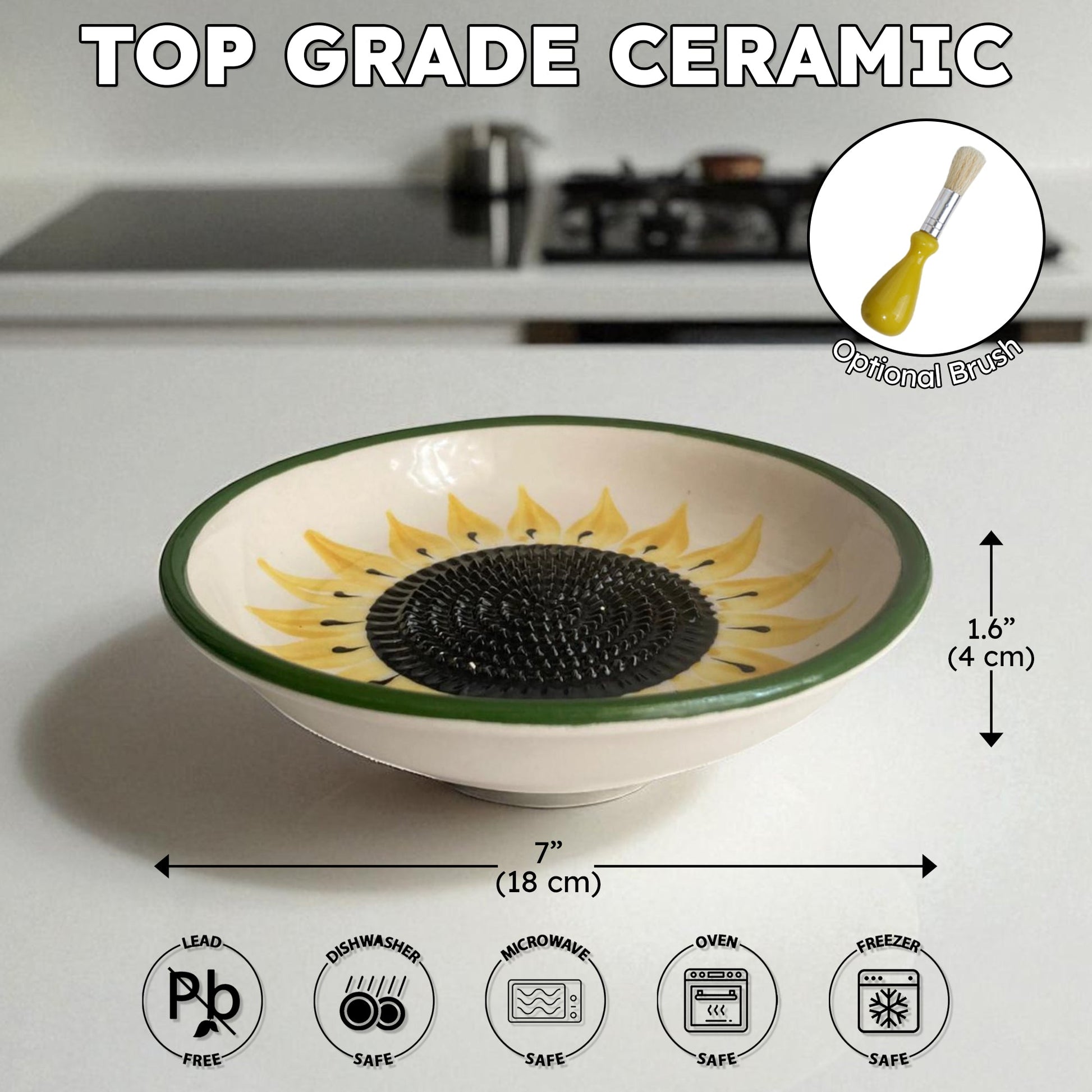 Ceramic garlic grater bowl with sunflower design on a kitchen counter, featuring dimensions and safety icons.