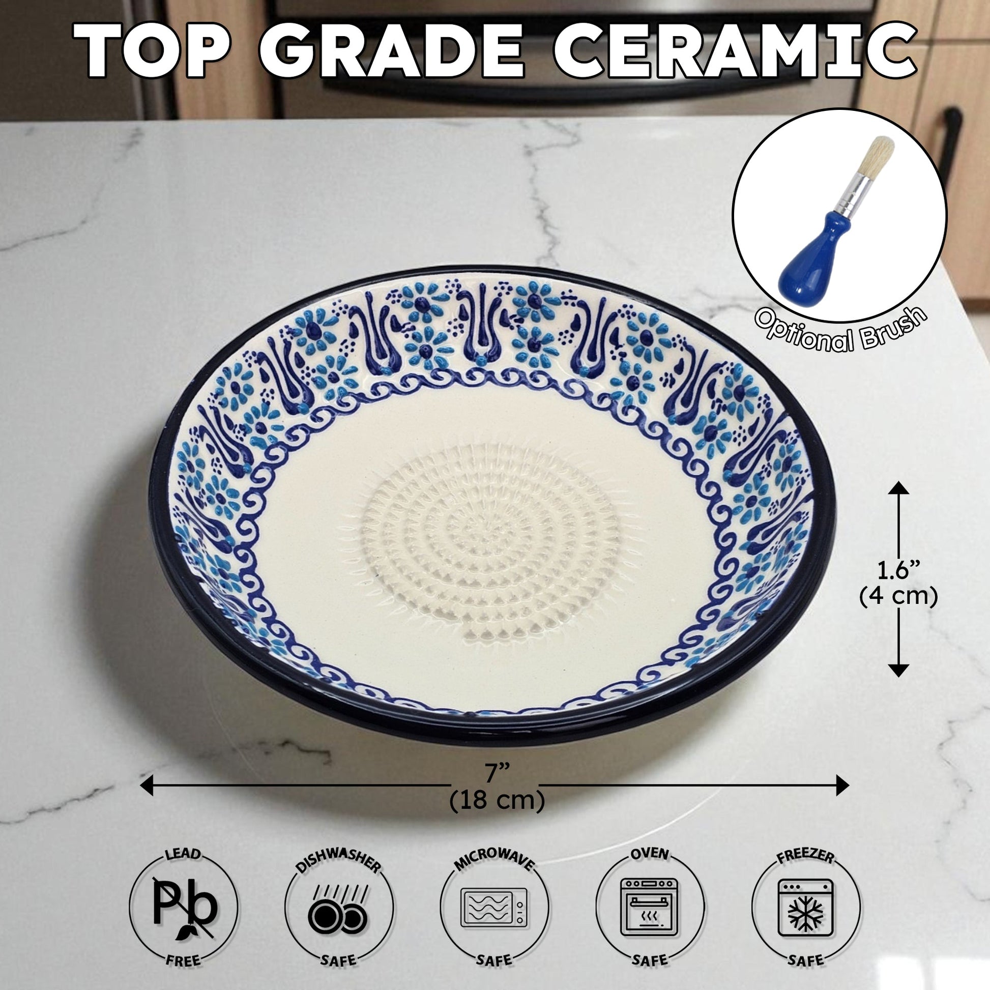 Ceramic garlic grater plate with blue floral patterns on a marble surface, featuring dimensions and safety icons.