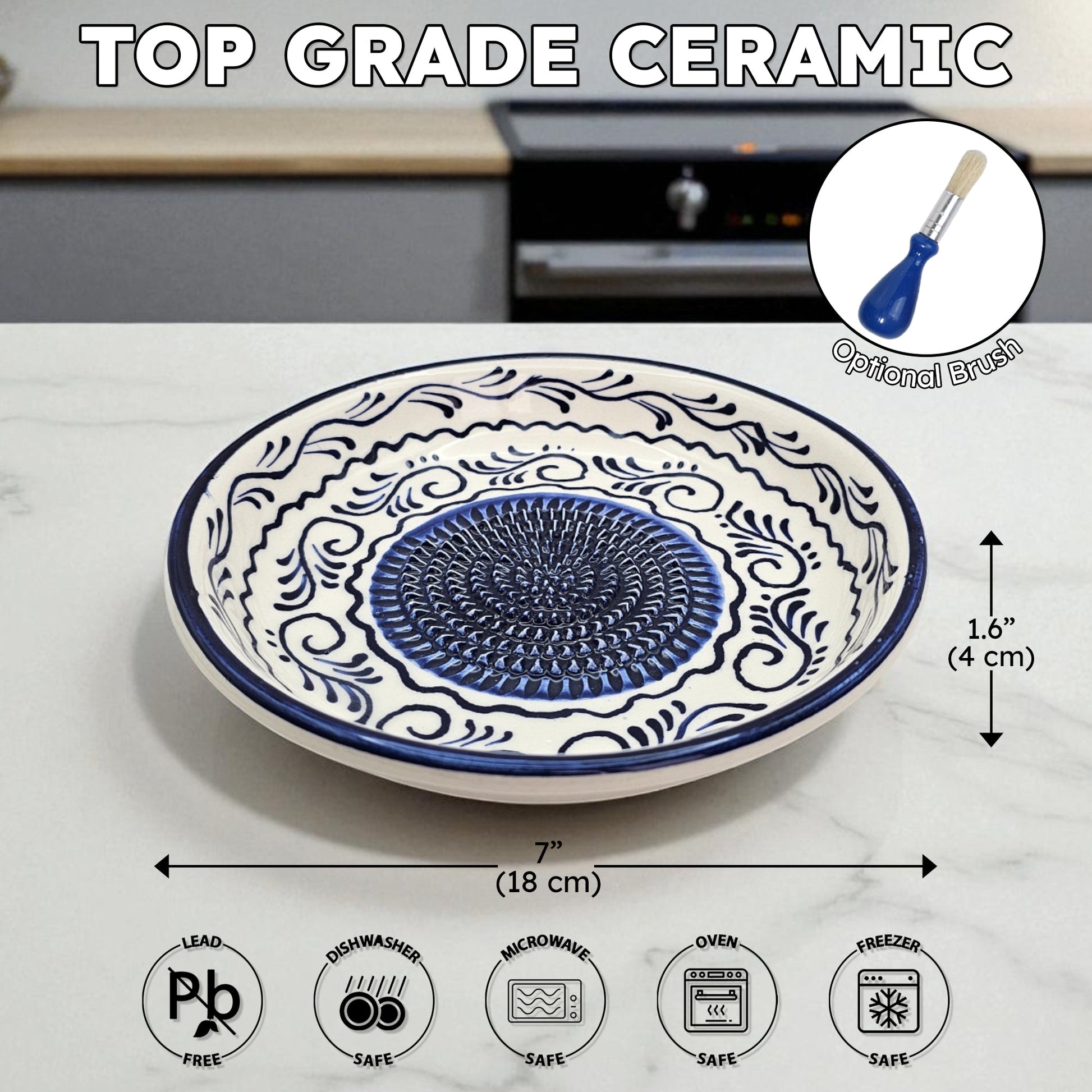 Ceramic garlic grater bowl with blue patterns on a marble surface, accompanied by measurements and safety icons.