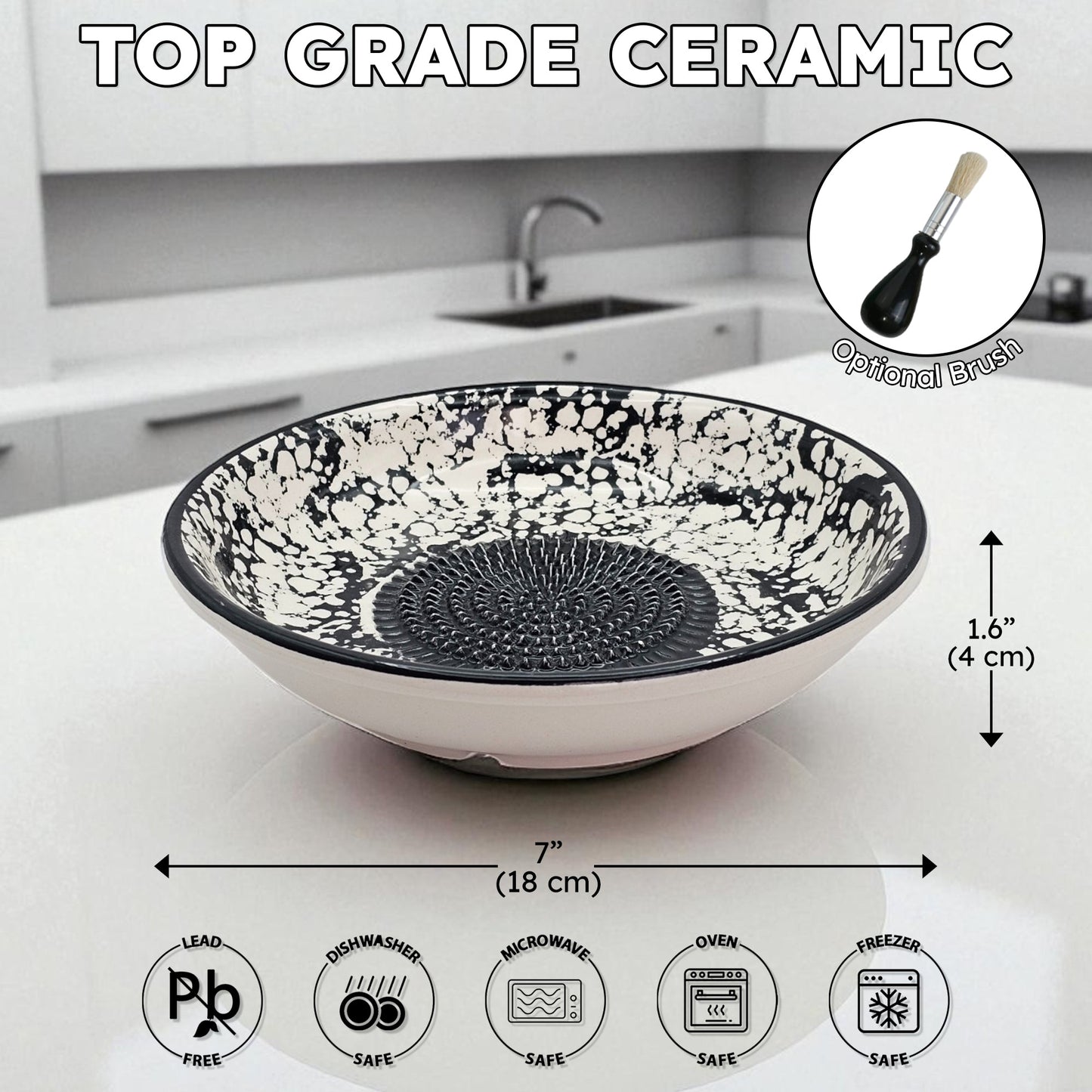 Garlic Grater Bowl, Black Sponge Grater Plate, 7" Ceramic Garlic Grinder, Decorative Grater Bowl