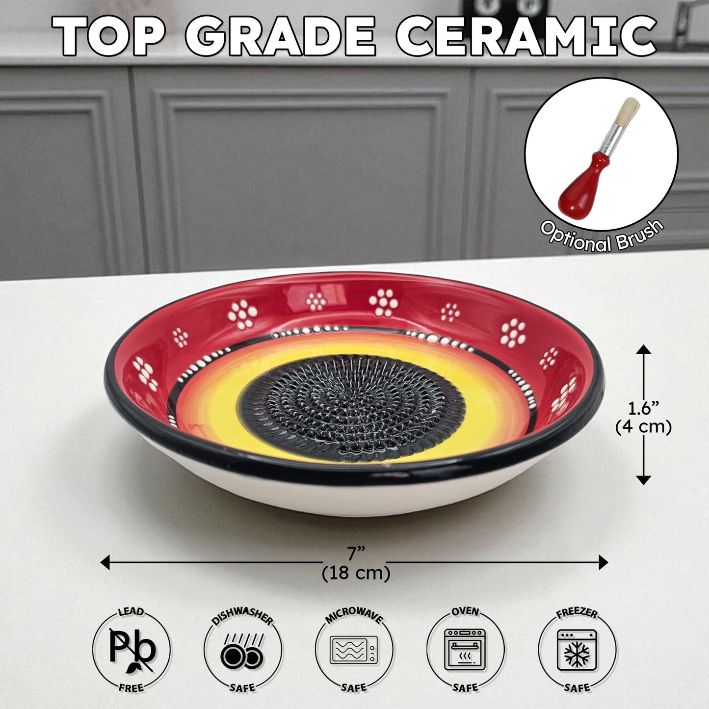 Ceramic garlic grater bowl with red and yellow design on a white surface, with dimensions and safety icons displayed.