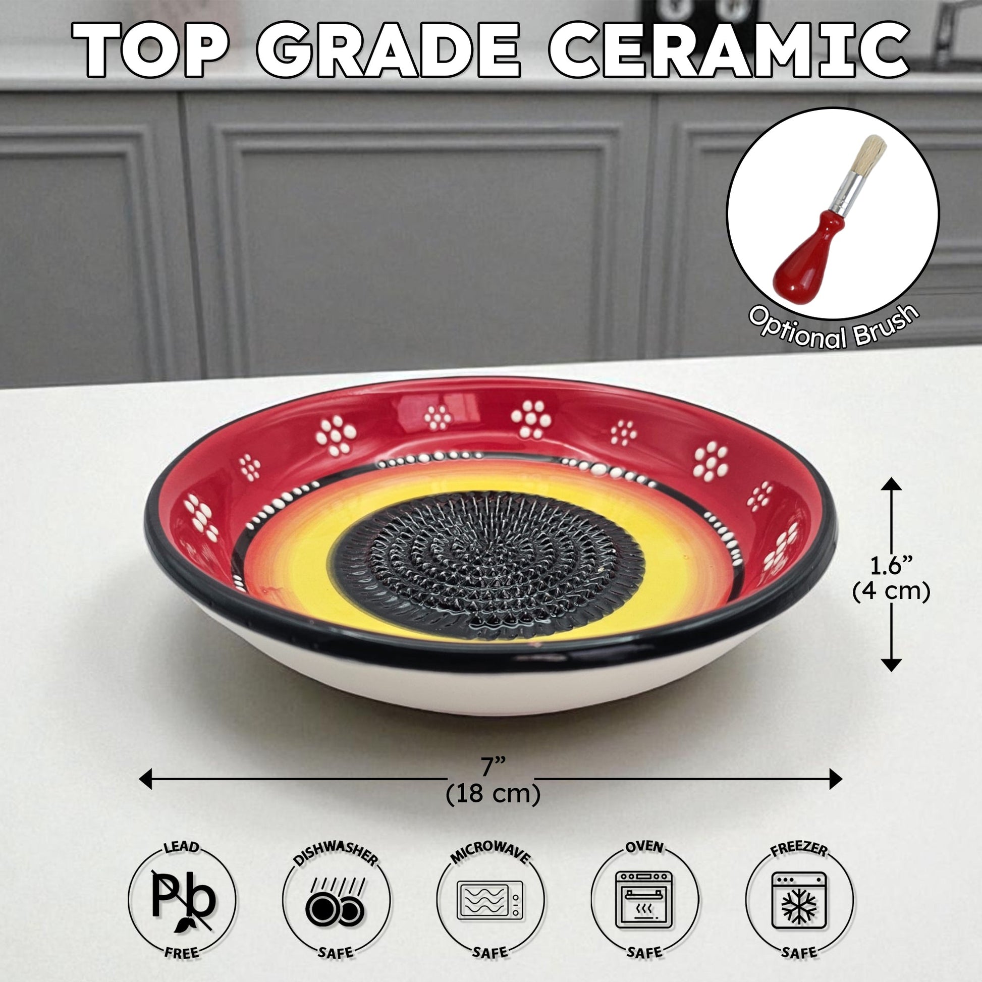 Ceramic garlic grater bowl with red and yellow design on a white surface, with dimensions and safety icons displayed.