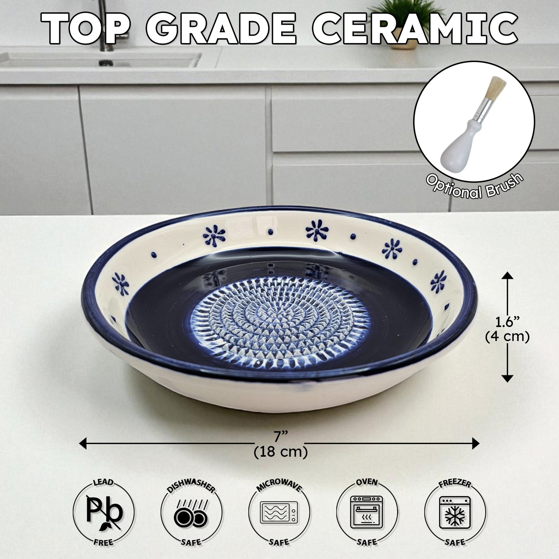 Top grade ceramic garlic grater bowl with measurements and safety icons on a kitchen counter.