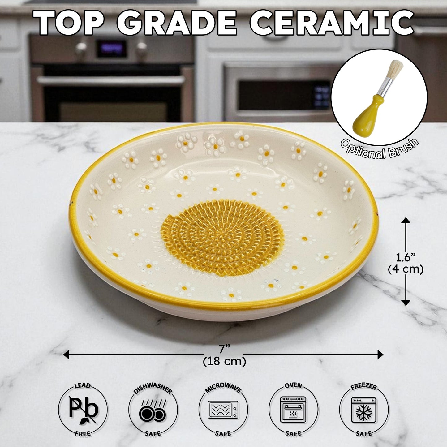 Ceramic garlic grater bowl with yellow interior and decorative pattern on a marble surface, with measurements and safety icons displayed.