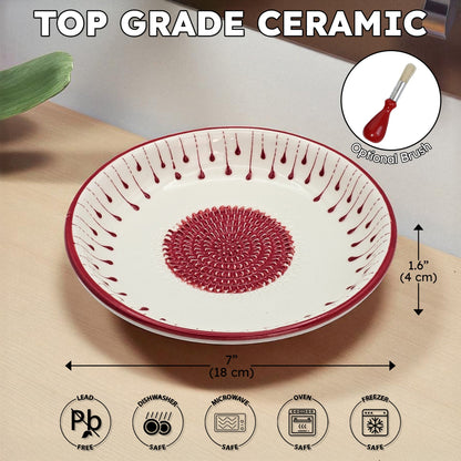 Ceramic garlic grater bowl with red decorative pattern on a wooden surface, labeled as 'Top Grade Ceramic'.