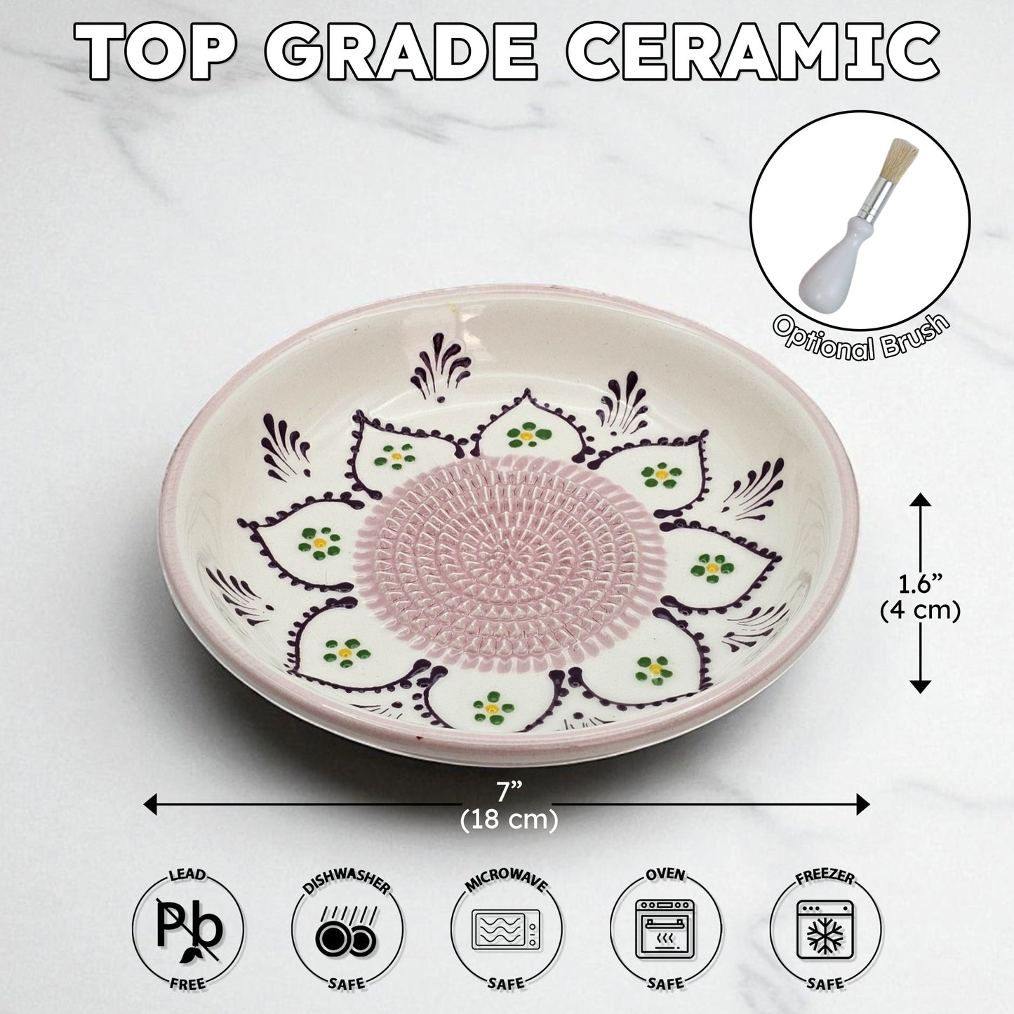 Ceramic garlic grater bowl with decorative patterns and measurements on a white background