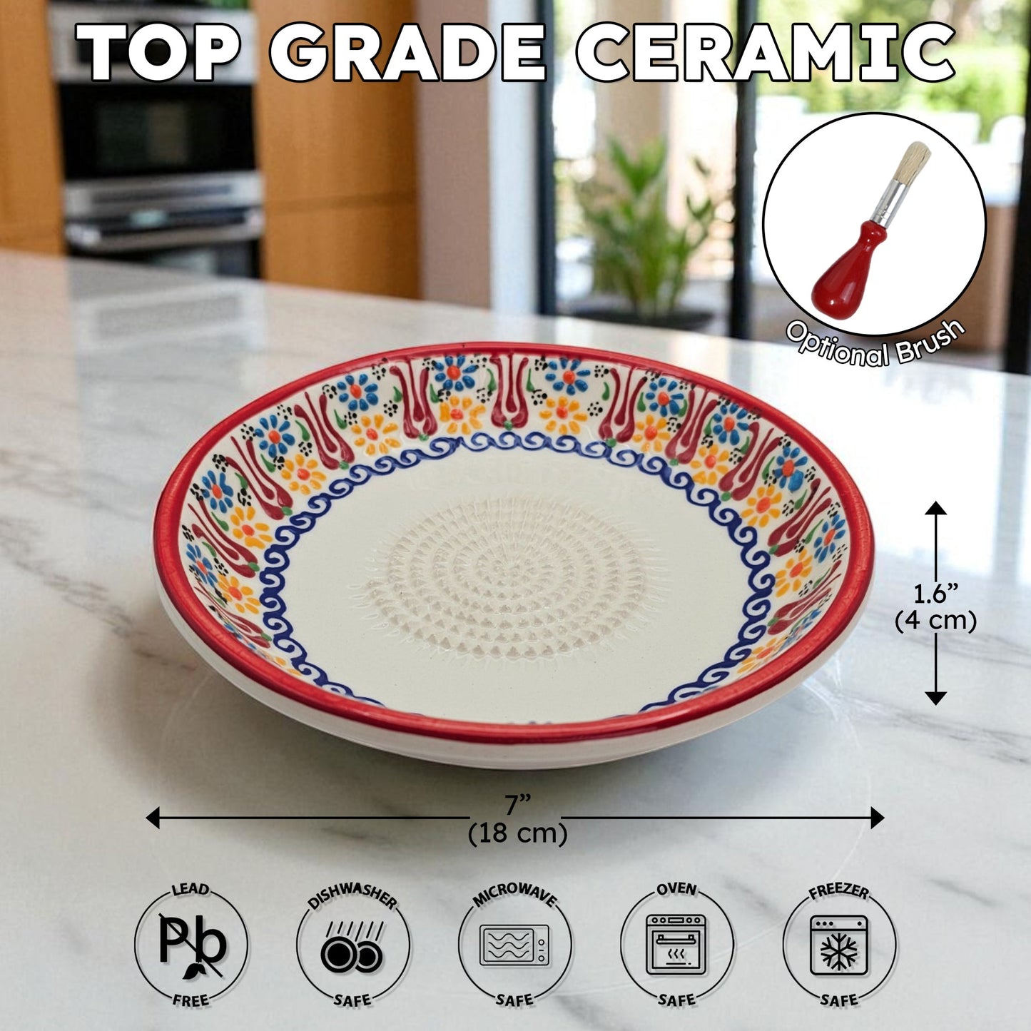 Decorative ceramic garlic grater bowl with colorful design on a kitchen counter, featuring dimensions and safety icons.