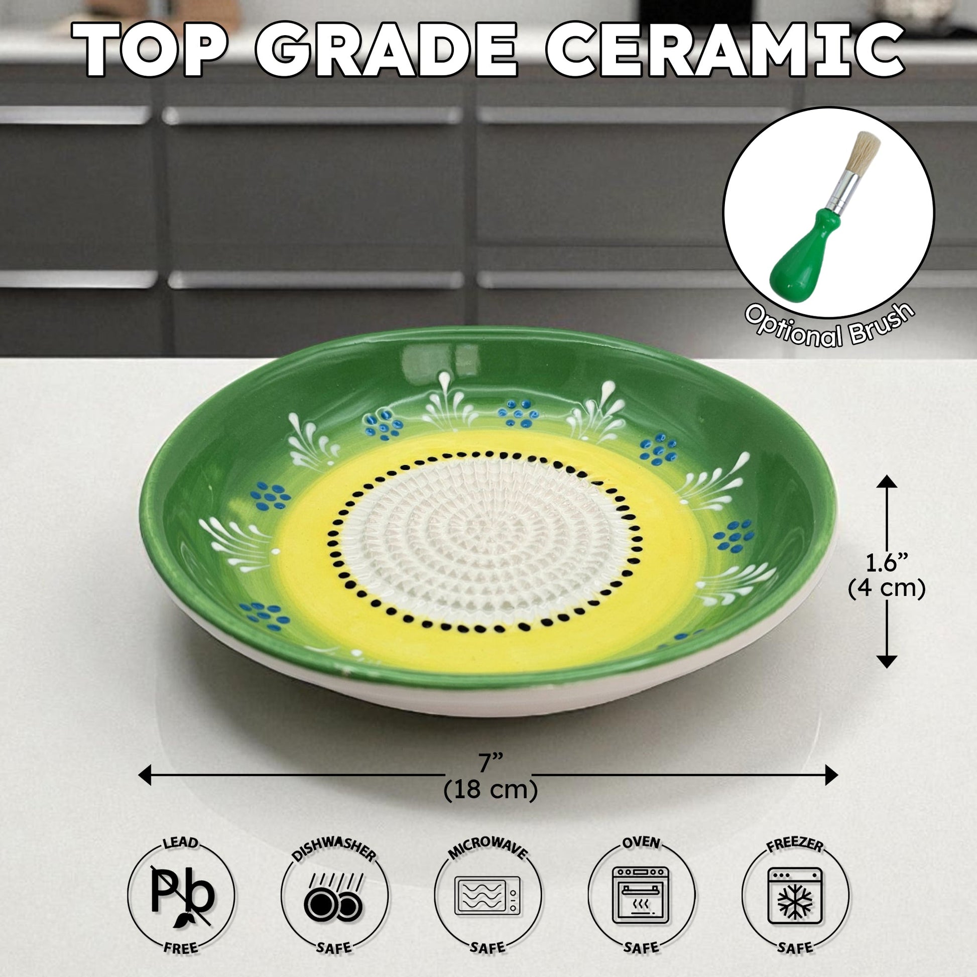 Green ceramic garlic grater bowl with floral patterns on a white surface, labeled as 'Top Grade Ceramic'.