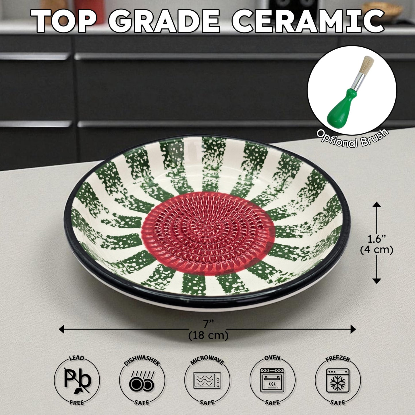 Ceramic garlic grater bowl with green and red pattern on a kitchen counter, labeled as 'Top Grade Ceramic'.