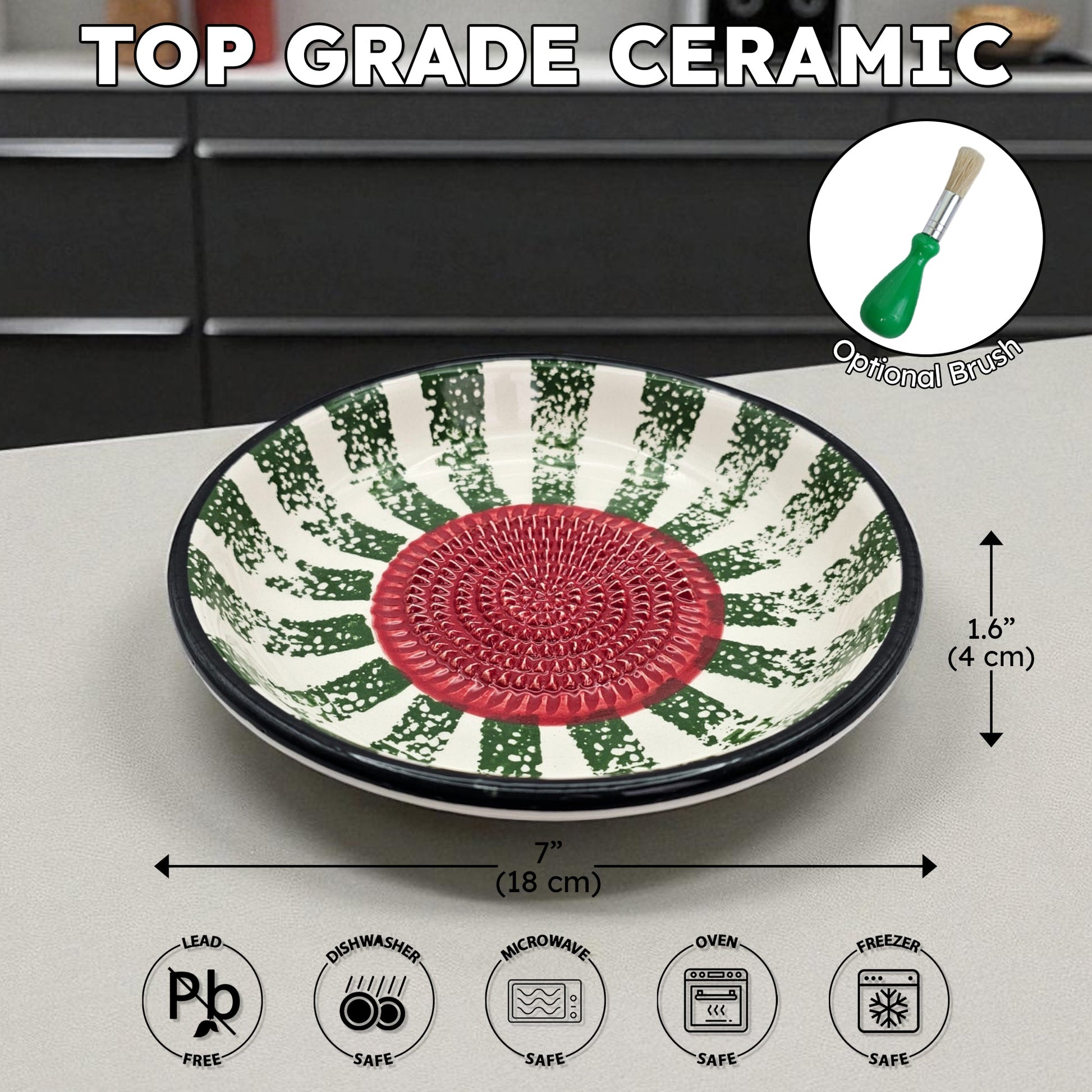 Ceramic garlic grater bowl with green and red pattern on a kitchen counter, labeled as 'Top Grade Ceramic'.