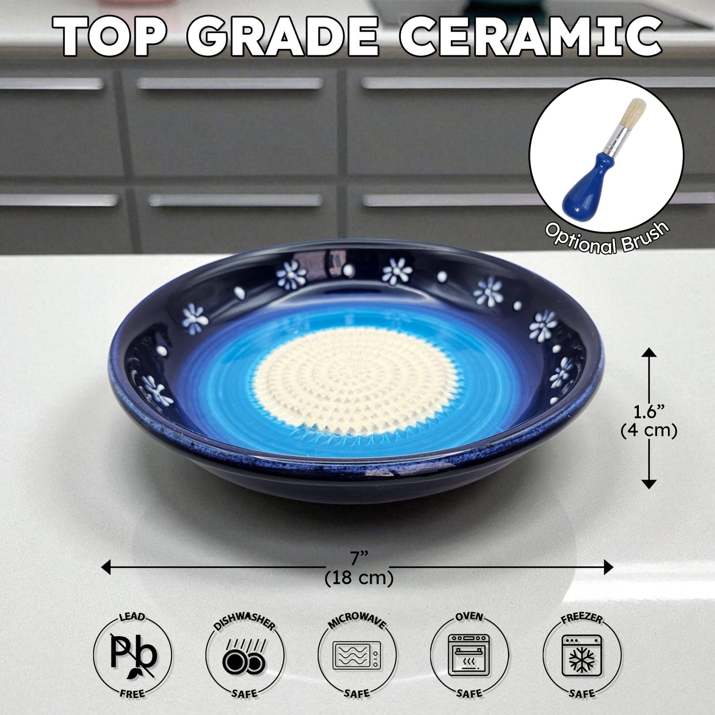 Top grade ceramic garlic grater bowl with blue interior and white exterior on a kitchen counter, featuring dimensions and safety icons.