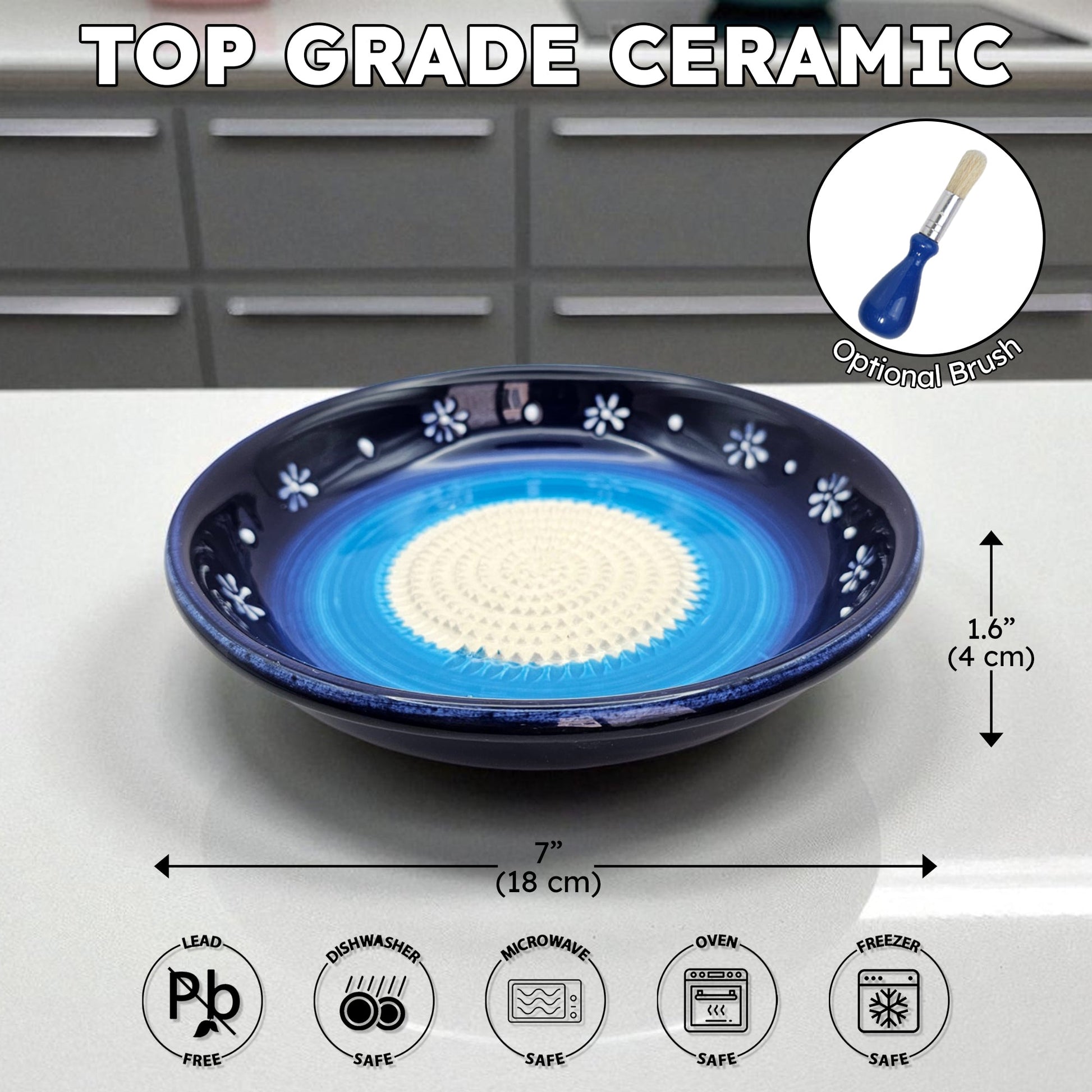 Top grade ceramic garlic grater bowl with blue interior and white exterior on a kitchen counter, featuring dimensions and safety icons.