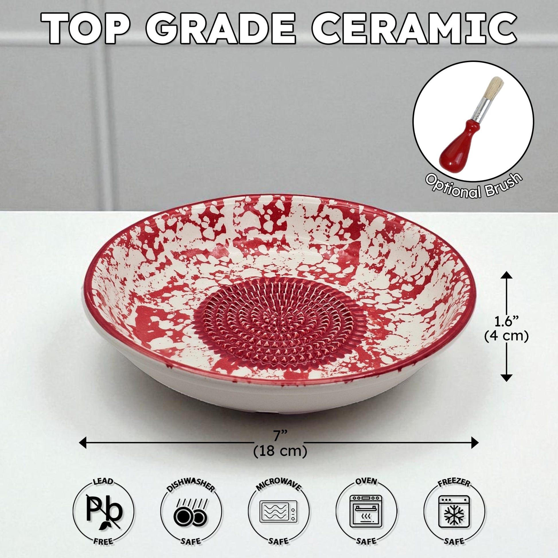 Red and white ceramic garlic grater bowl with measurements and safety icons on a gray background