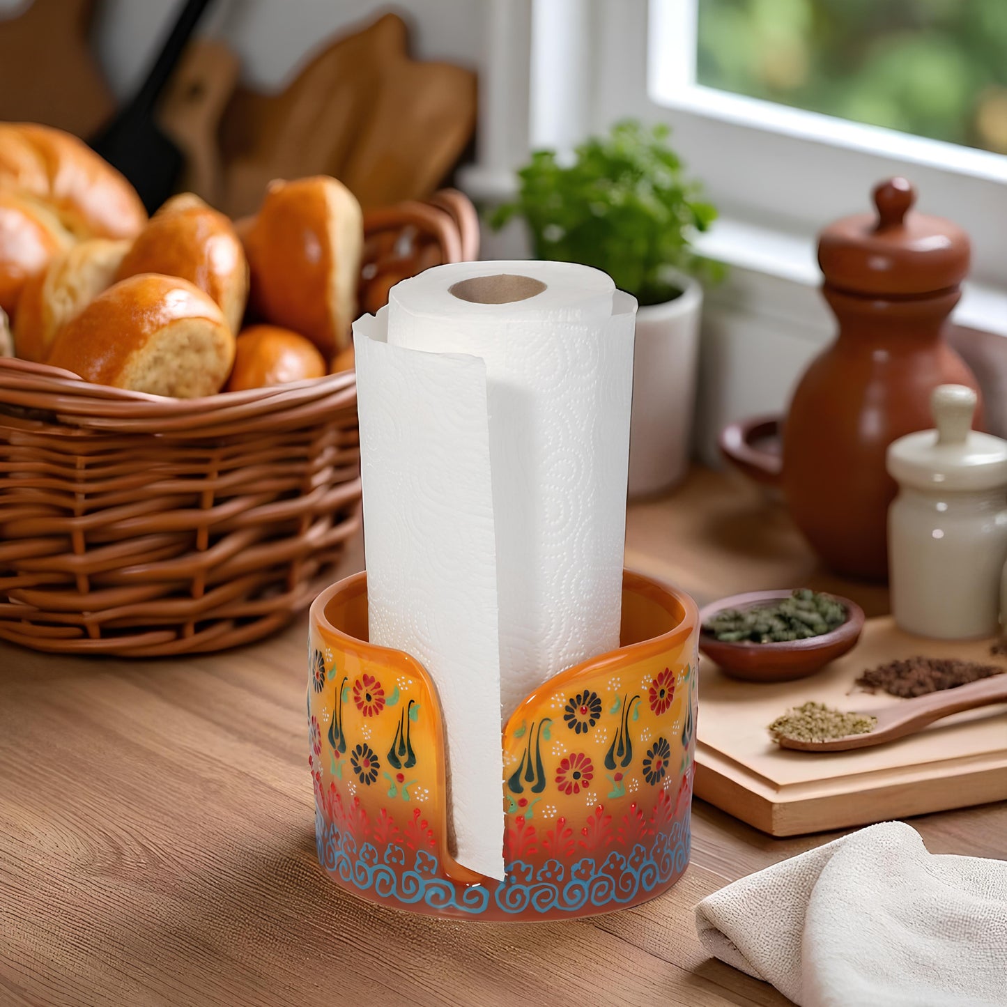 Floral Harmony Yellow – Paper Towel Holder, Ceramic Napkin Holder