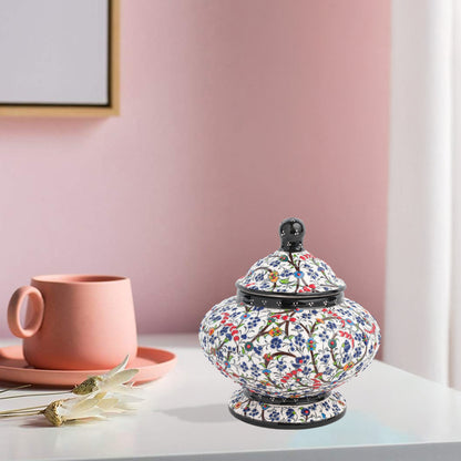Hand-painted Floral Meadow ceramic jar with multicolor wildflowers on white, black rim & finial. Lidded artisan jar, perfect as honey pot, candy bowl, or gift.
