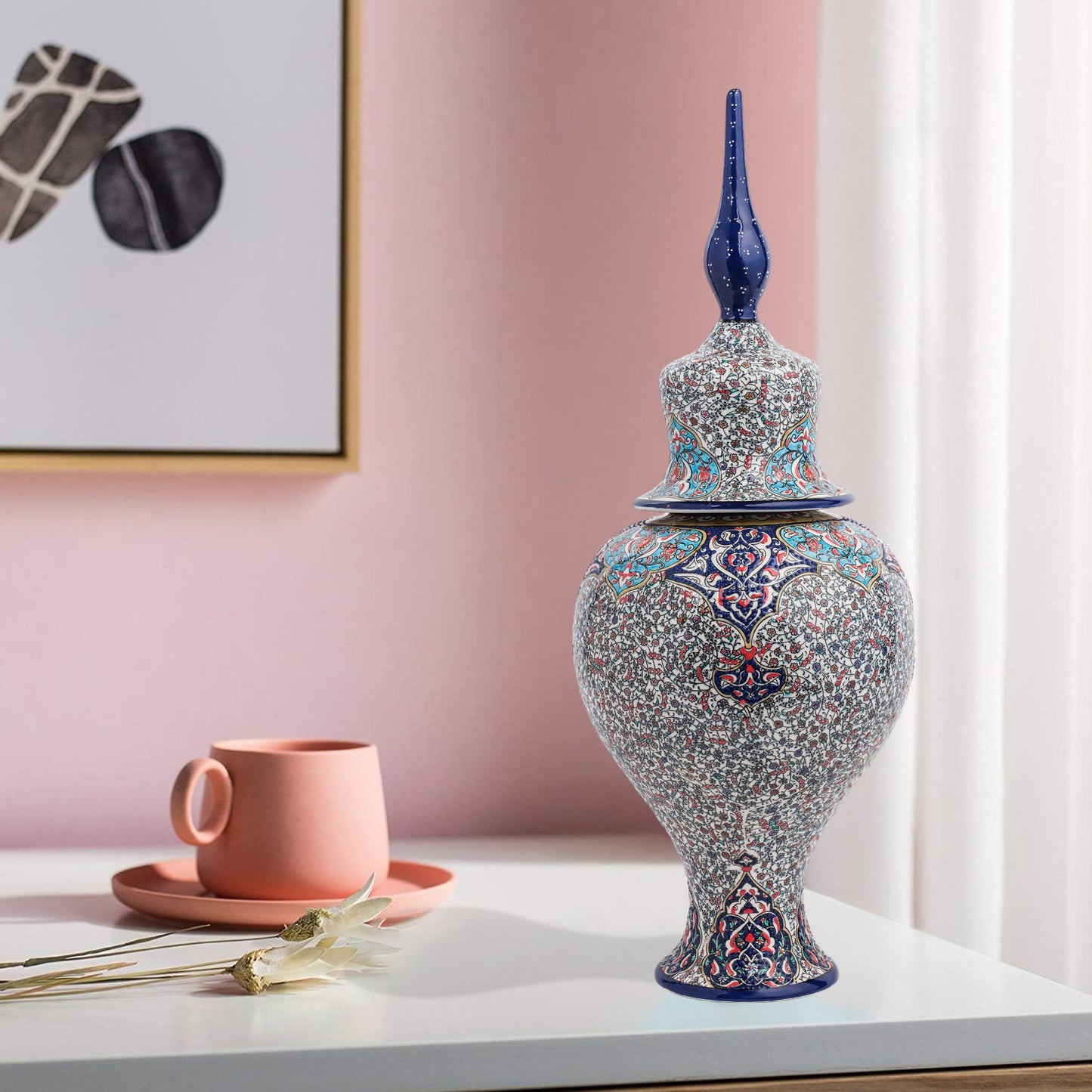 Hand-painted Sultan Elegance ceramic jar with Ottoman floral motifs in navy, teal & crimson. Tall finial lid design, artisan-made, perfect décor or gift.