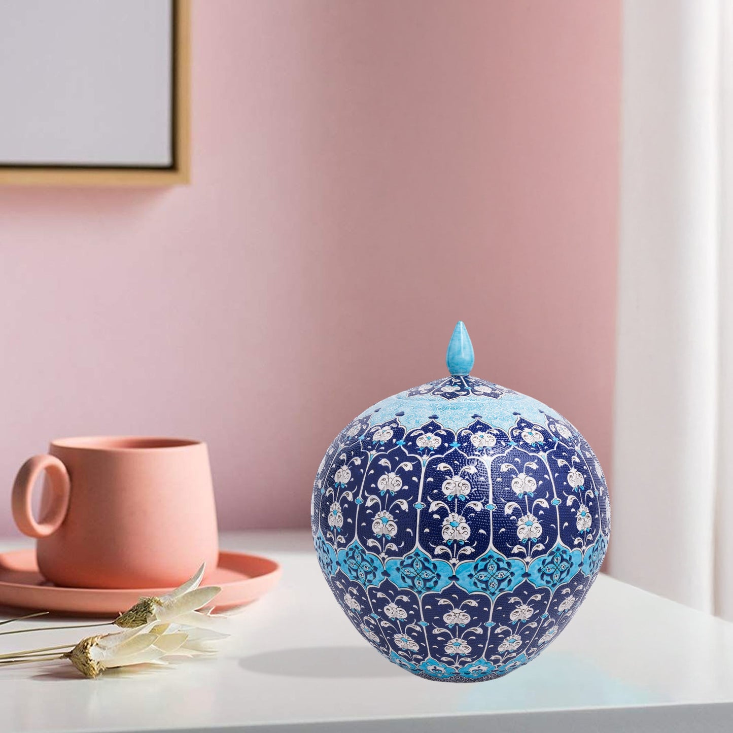 Hand-painted Ottoman Blue globe jar with white floral motifs on navy and turquoise. Round lidded ceramic jar, artisan-made, perfect décor or gift.