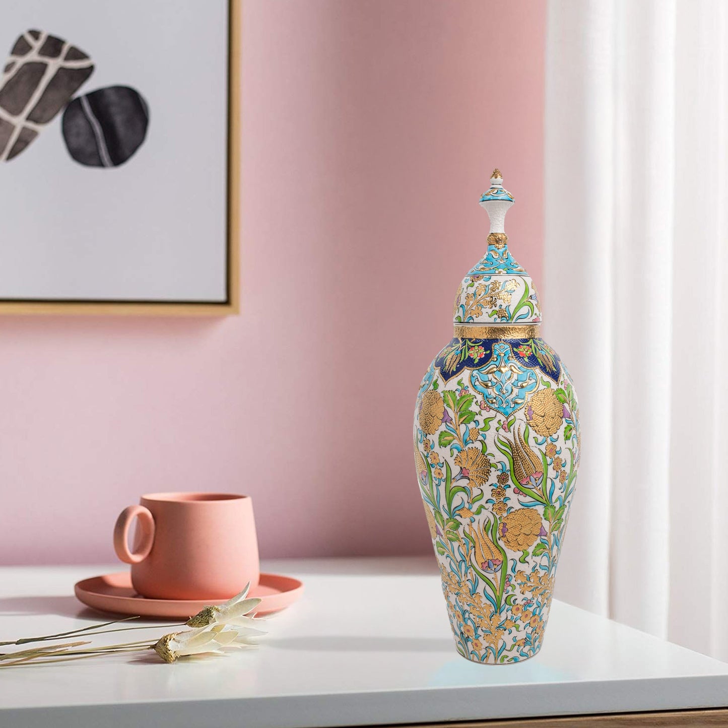 Hand-painted Vizier Blossom ceramic canister with golden Ottoman florals, tulips & hyacinths. Tall lidded vase with glossy glaze, perfect décor or gift.