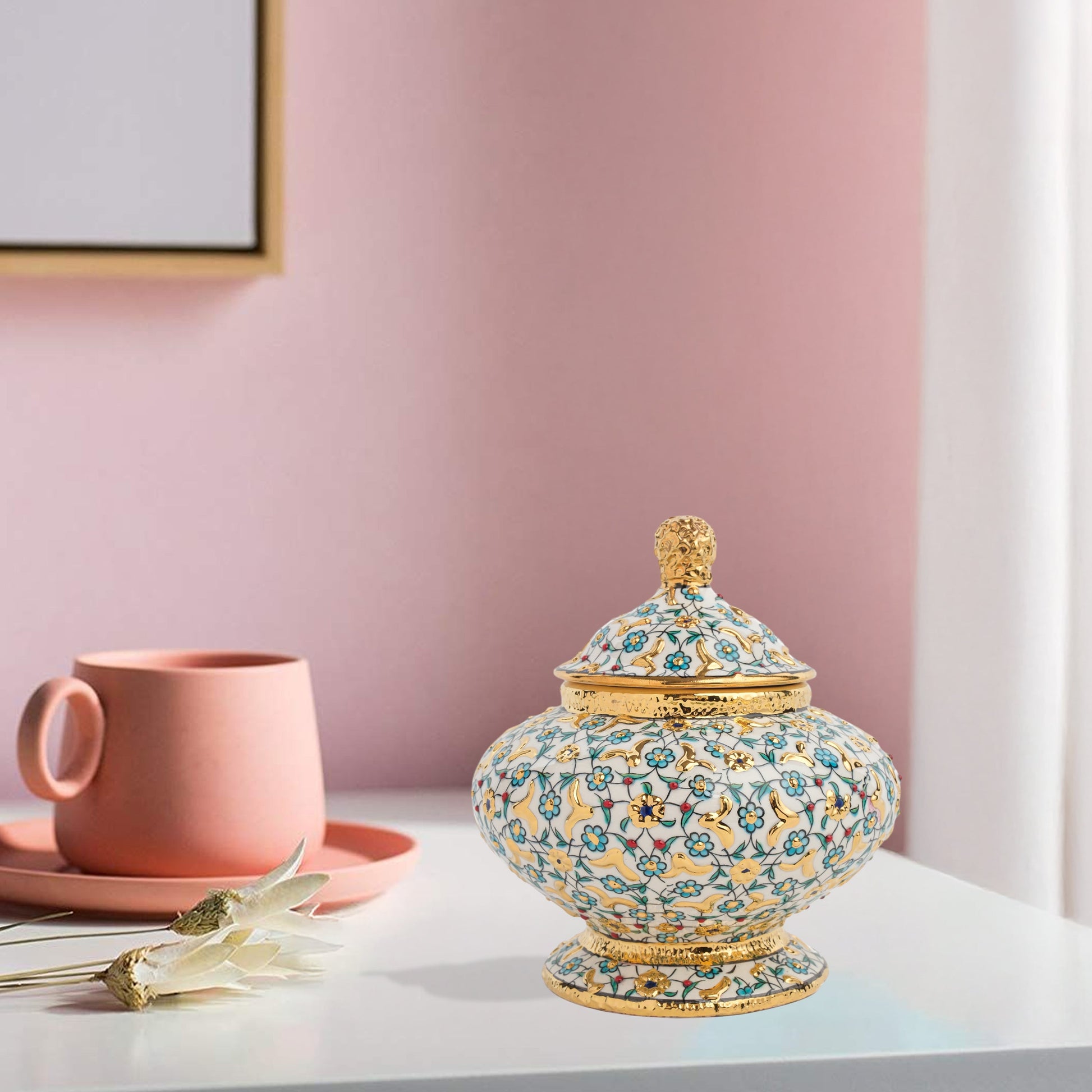 Hand-painted Golden Bloom ceramic jar with turquoise flowers and gold accents. Lidded artisan jar, perfect as honey pot, candy bowl, or luxury décor gift.