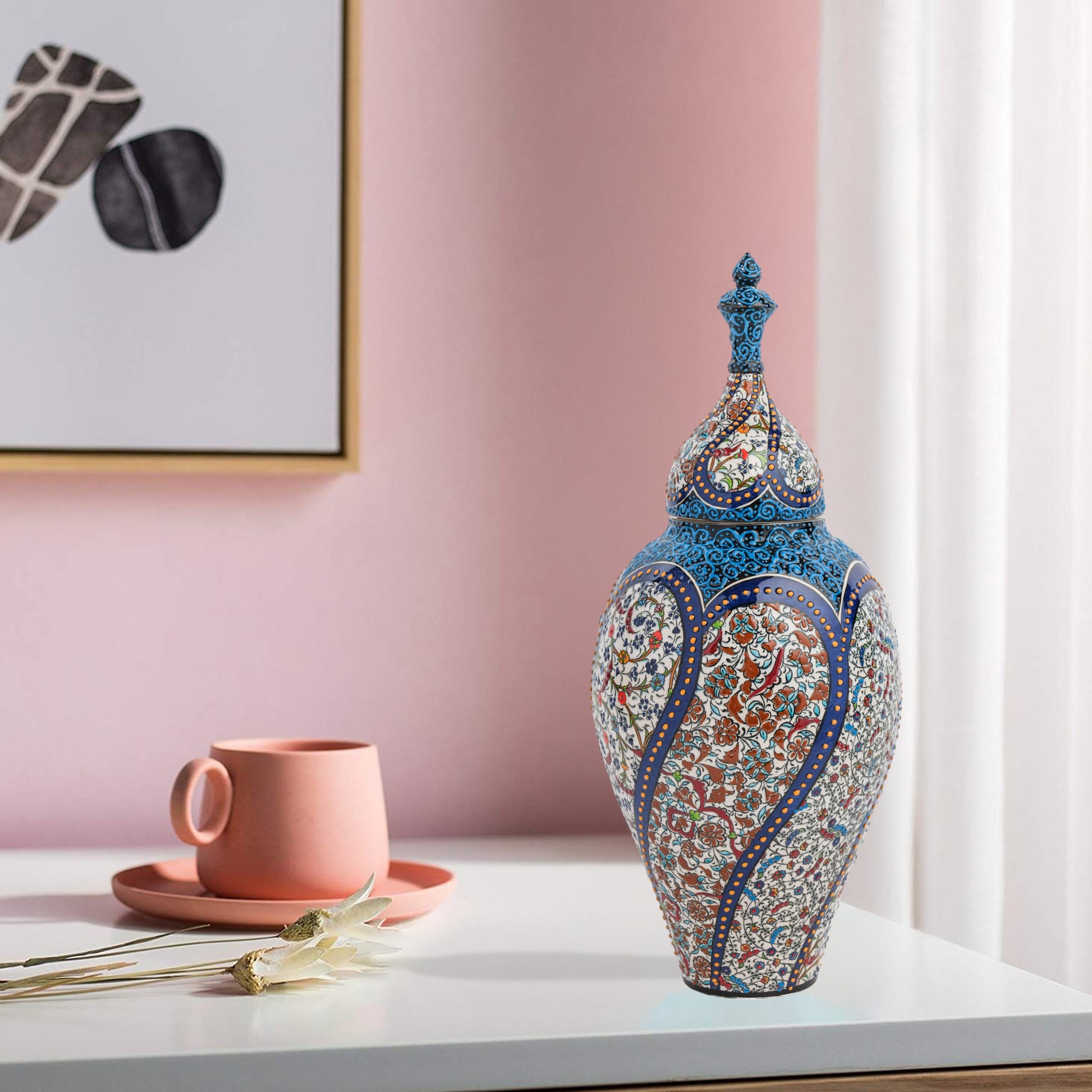 Hand-painted Vizier Mosaic ceramic canister with Ottoman floral tile motifs in cobalt, turquoise & earth tones. Tall lidded vase, perfect décor or gift.