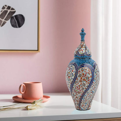 Hand-painted Vizier Mosaic ceramic canister with Ottoman floral tile motifs in cobalt, turquoise & earth tones. Tall lidded vase, perfect décor or gift.
