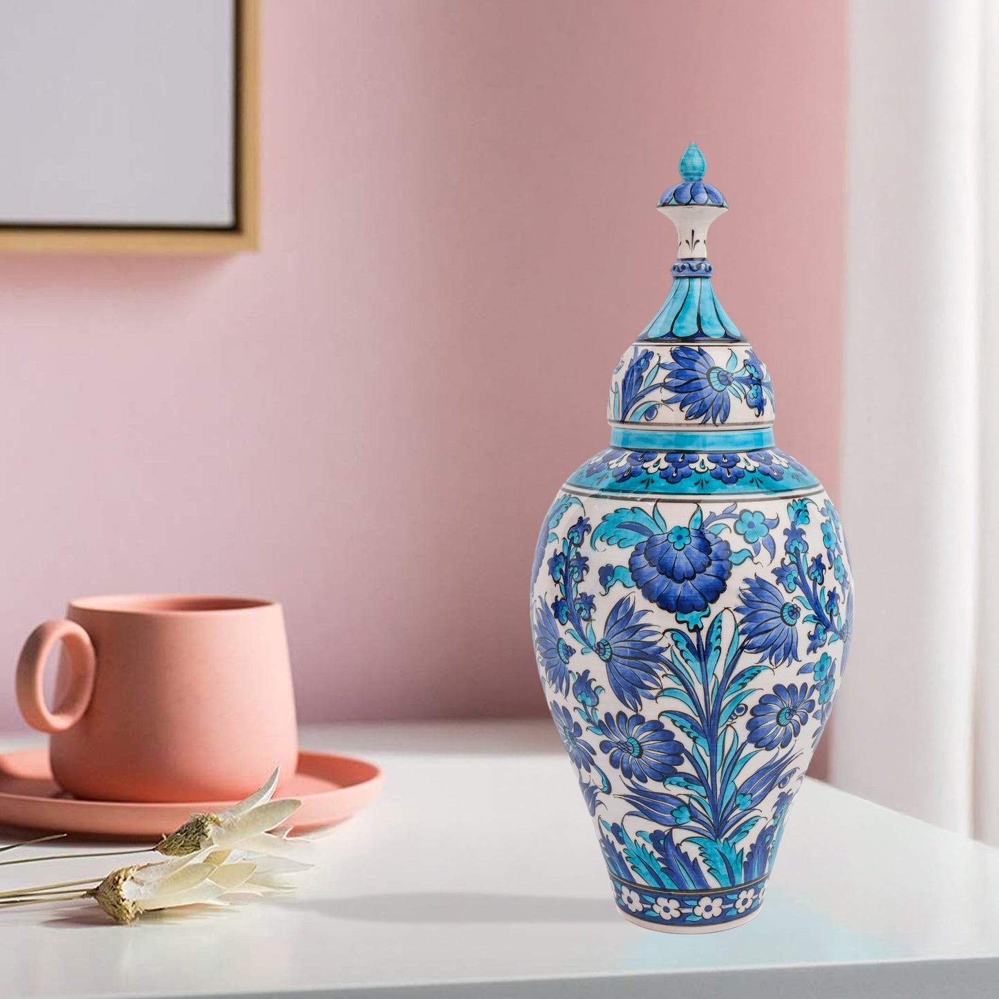 Hand-painted Vizier Blue ceramic canister with Ottoman floral motifs in cobalt, turquoise & azure. Tall lidded vase, artisan-made, perfect décor or gift.