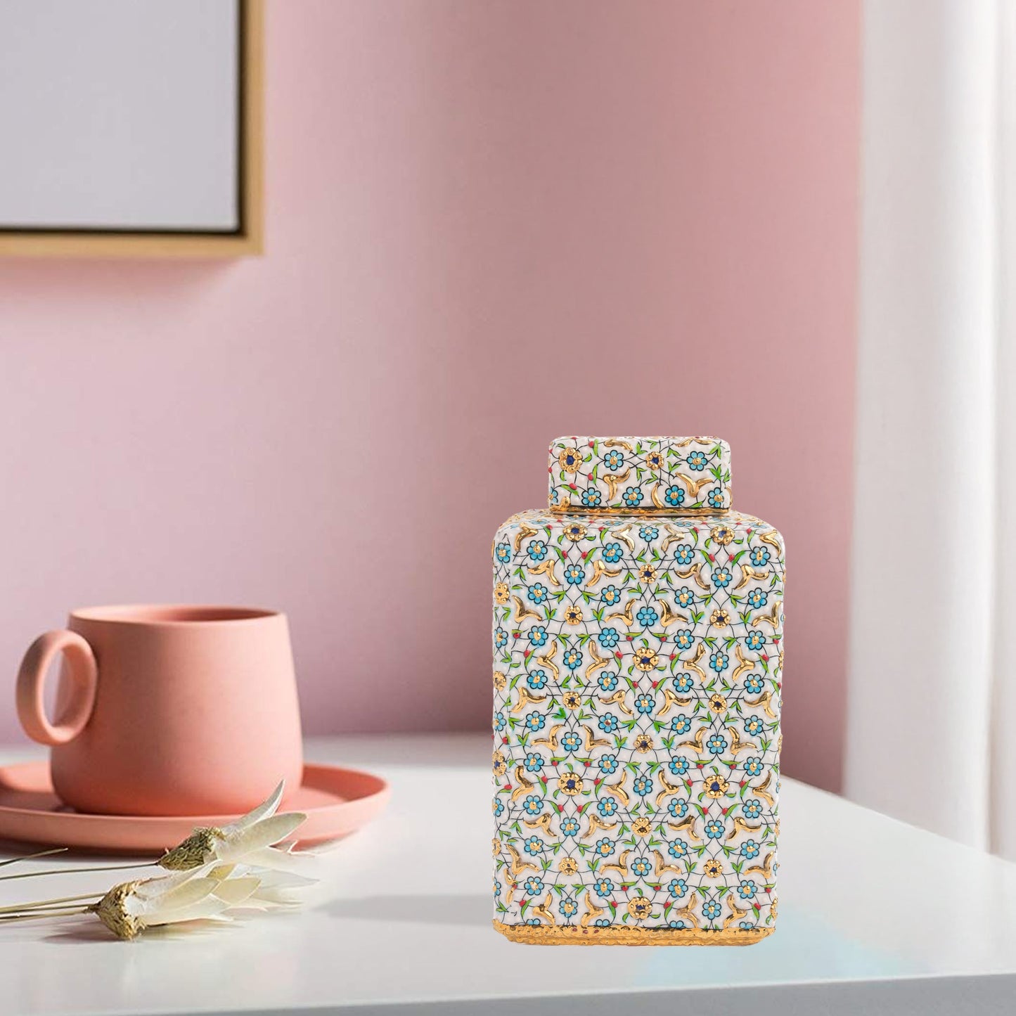 Handmade Ceramic Jar, Turquoise Bloom Decorative Jar with Lid, Ceramic Square Jar