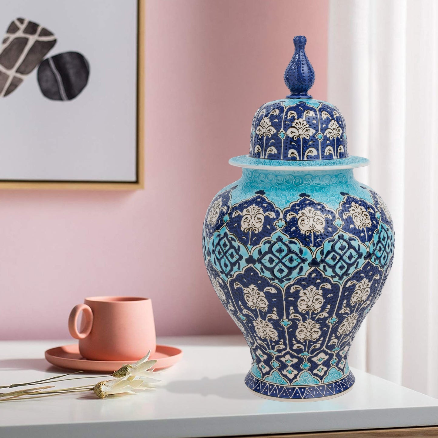 Handmade Ceramic Jar, Ottoman Blue Decorative Jar with Lid, Ceramic Ginger Jar