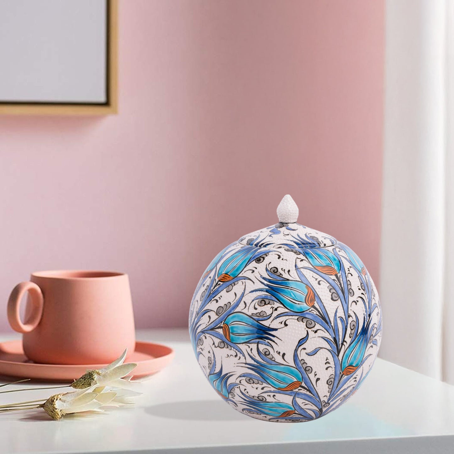 Hand-painted Turquoise Tulip globe jar with Ottoman floral motifs in turquoise & cobalt. Spherical ceramic design, artisan-made, perfect décor or gift.