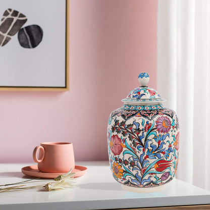 Hand-painted Garden Bloom ceramic jar with multicolor Ottoman floral motifs. Tall canister design, artisan-made, perfect for storage, décor, or gifting.