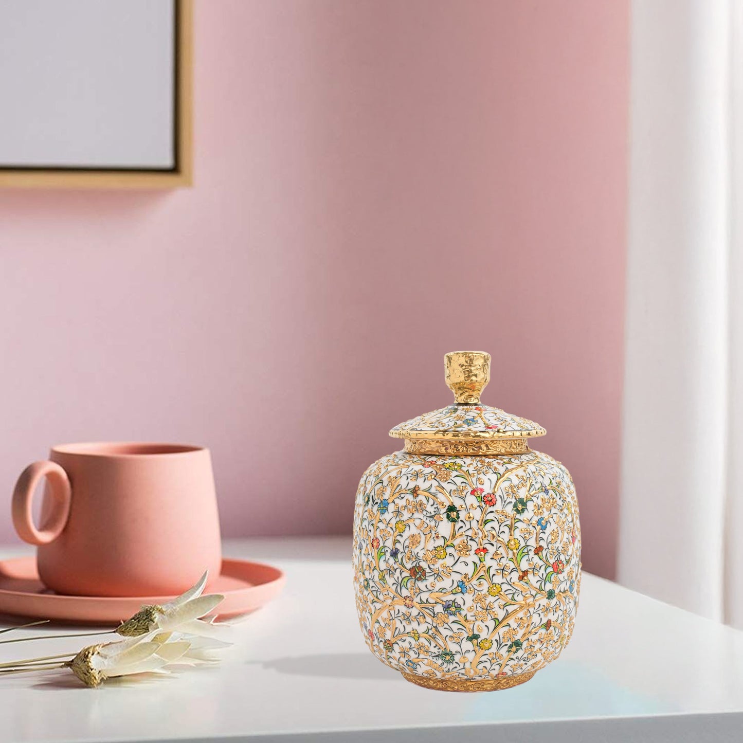 Hand-painted Golden Blossom ceramic jar with colorful floral motifs and gold accents. Lidded artisan jar, ideal for honey, ginger, spices, or elegant décor.