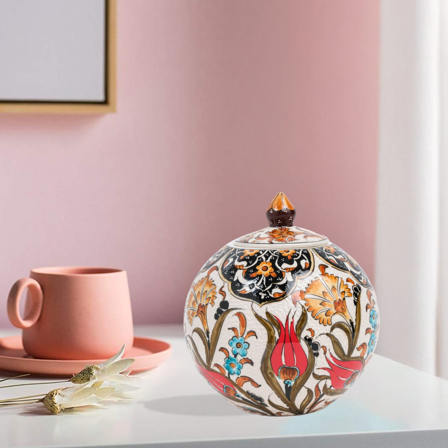Hand-painted Red Tulip globe jar with Ottoman floral motifs in red, blue & gold. Glossy round ceramic jar, artisan-crafted, perfect décor or thoughtful gift.