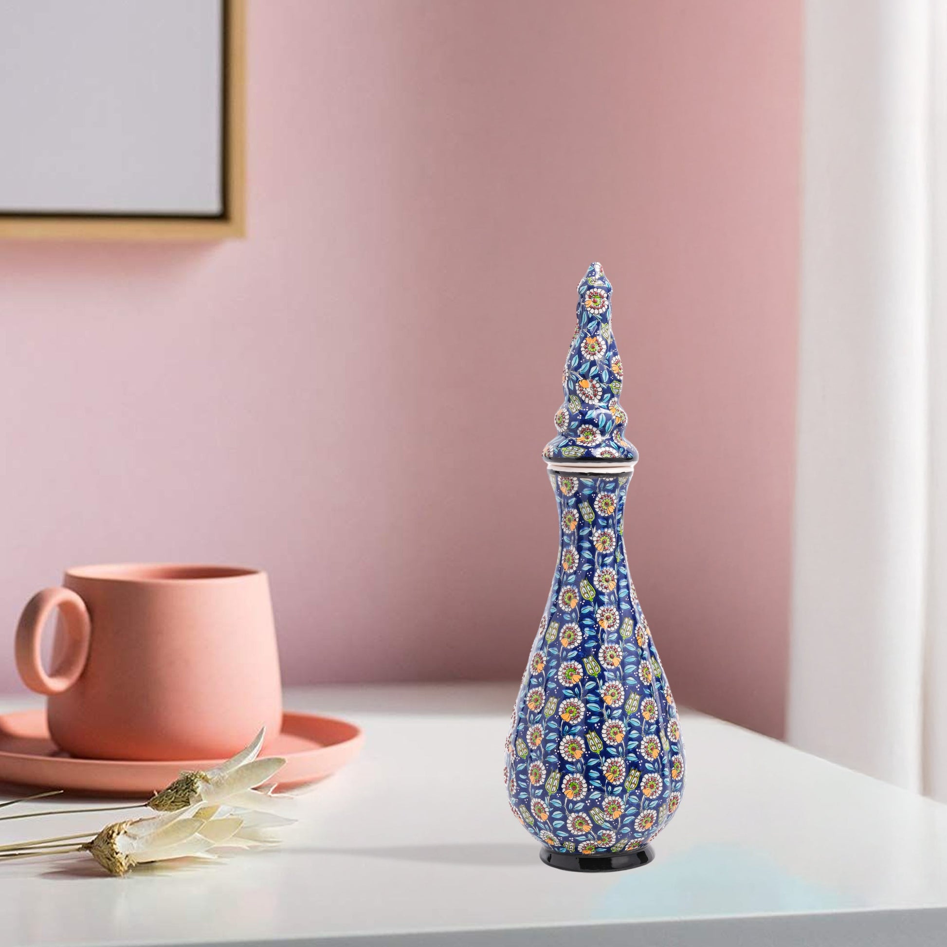 Hand-painted Nightingale’s Eye ceramic vase with Ottoman floral motifs on navy. Elegant tall form with lid, artisan-crafted, perfect décor or gift.