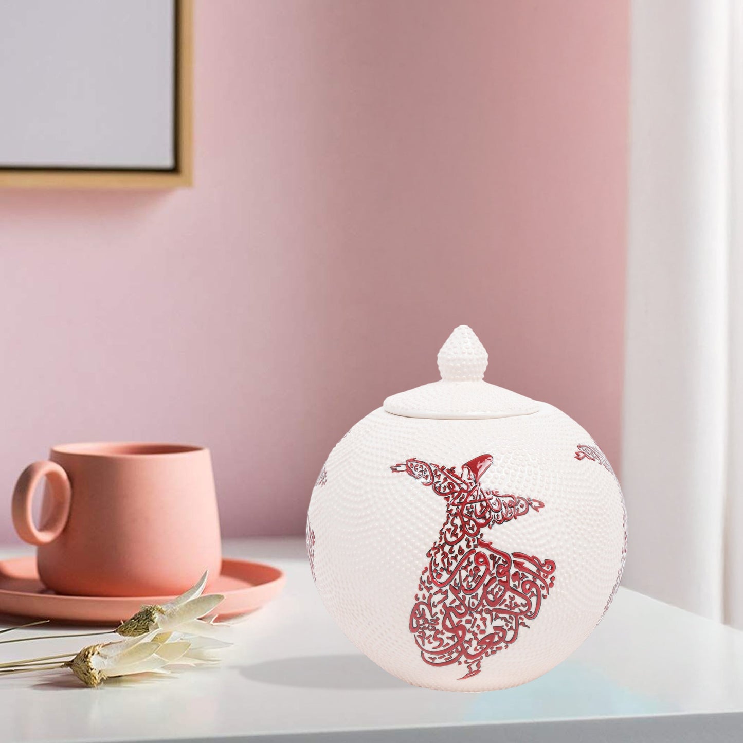 Hand-painted Whirling Dervish ceramic globe jar with Arabic calligraphy design. Available in red or blue, artisan-made, perfect for spiritual décor or gifts.