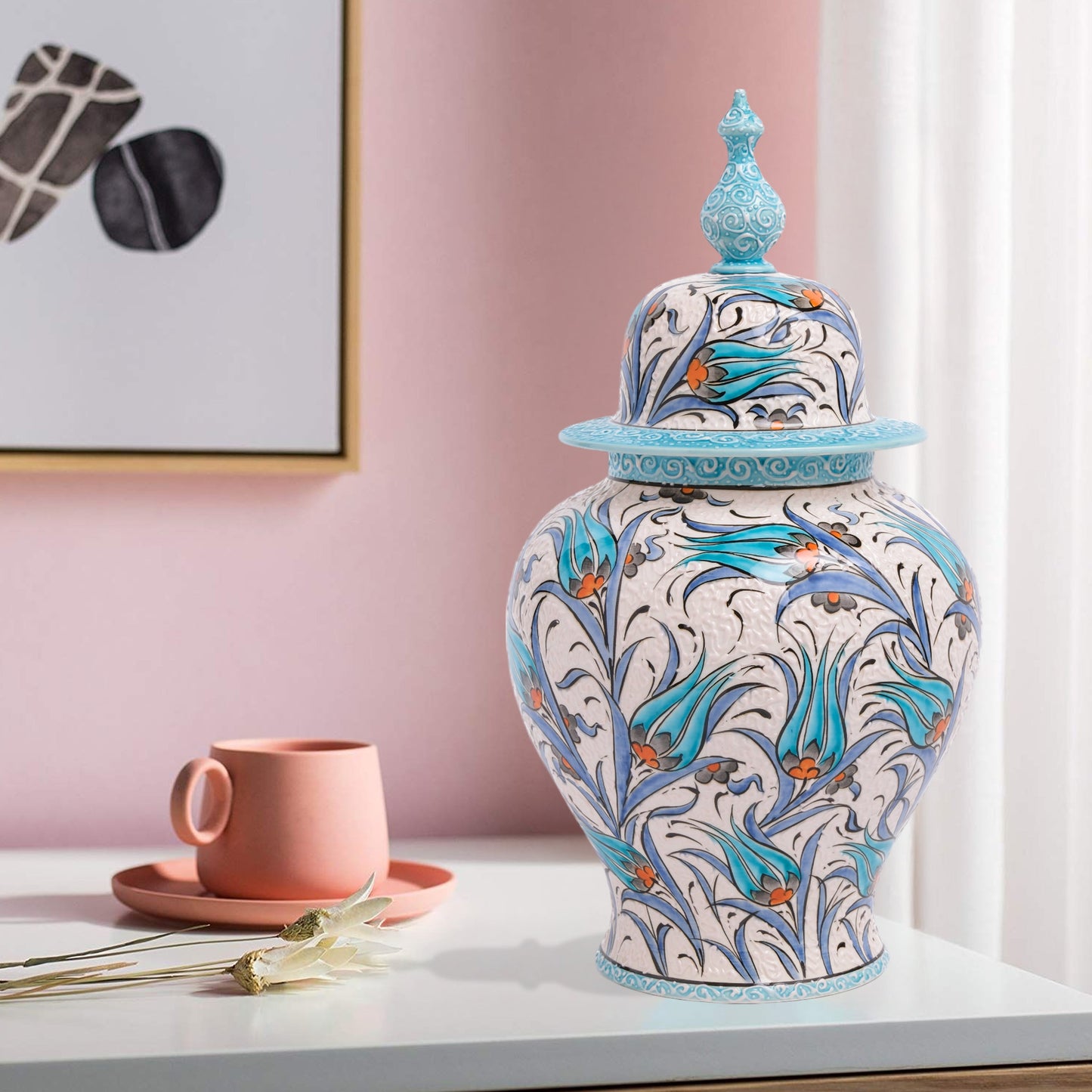 Hand-painted Blue Tulip ceramic jar with Ottoman floral motifs in blue and orange. Finished with turquoise lid, artisan-made, perfect décor or collector’s gift.