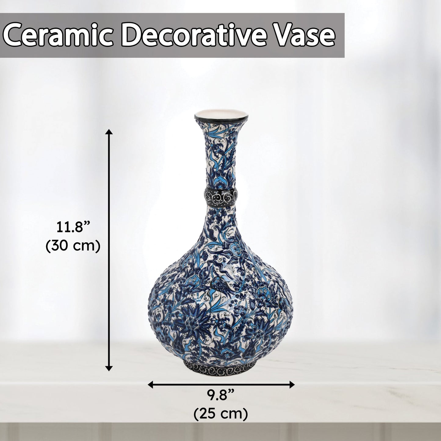 Handmade Ceramic Decorative Vase, Blue Floral Ceramic Vase