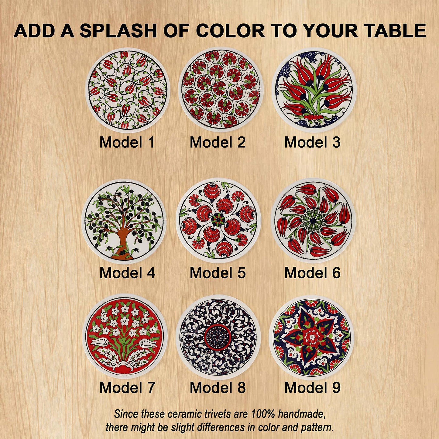Ceramic coasters with various designs on a wooden surface