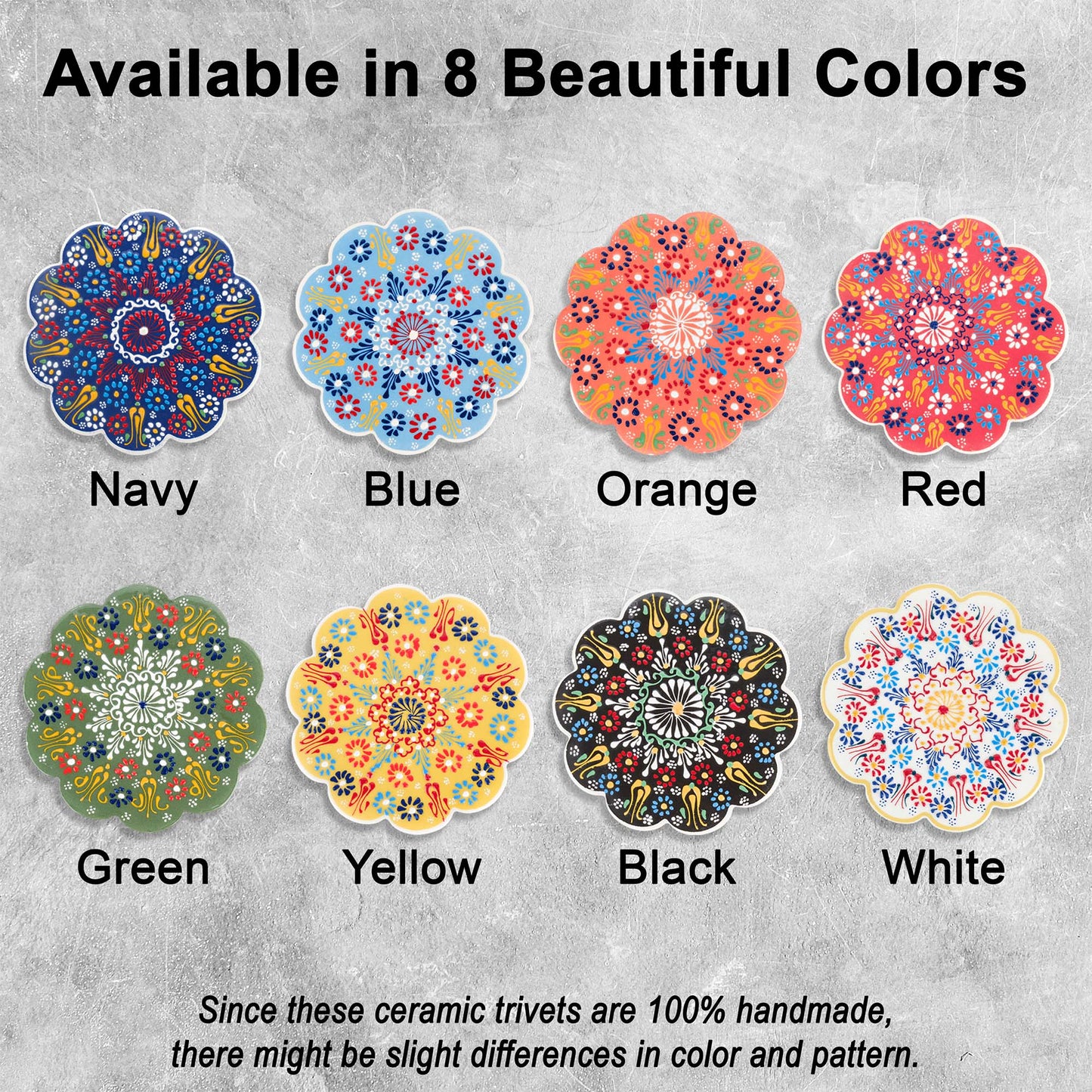 Color swatches of ceramic trivets in various colors with a gray background.